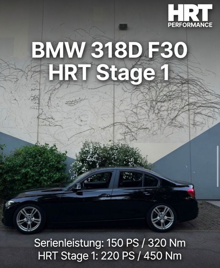 BMW 318d F30 nach HRT Stage 1: Serie 150 PS / 320 Nm, danach 220 PS / 450 Nm