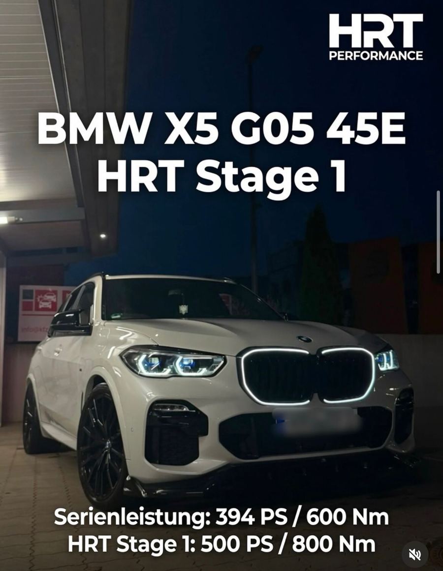 BMW X5 G05 45e nach HRT Stage 1: Serie 394 PS / 600 Nm, danach 500 PS / 800 Nm